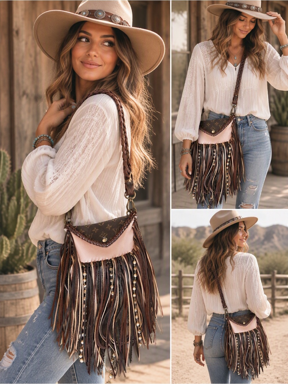 Vintage Boho Designer Label Fringed Crossbody Bag with Pink Leather Accent ✨🤎